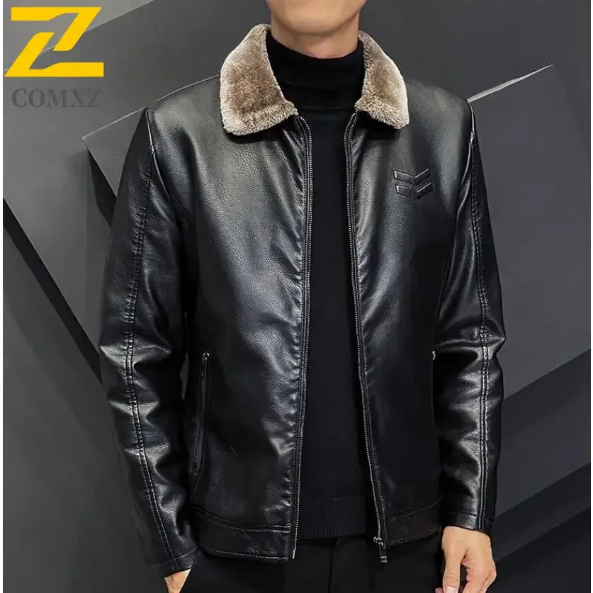 Winter Fashion Warmth Thickened Leather Jacket Lapel